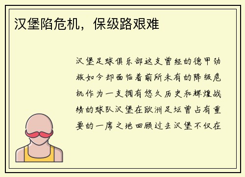 汉堡陷危机，保级路艰难